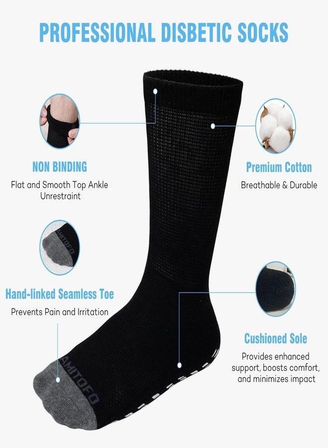CaiDieNu Non Slip Diabetic Socks: 4 Pairs Non Binding Hospital Socks for Men Women with Grips Elderly Edema Black 13-15 - Image 4